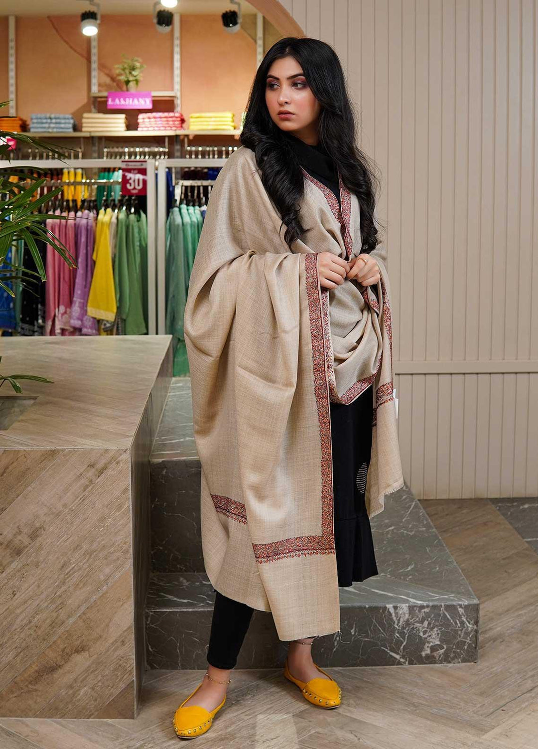 Sanaulla Exclusive Range  Pashmina  Shawls MAMA-18 Fawn-2 - Pashmina Shawls