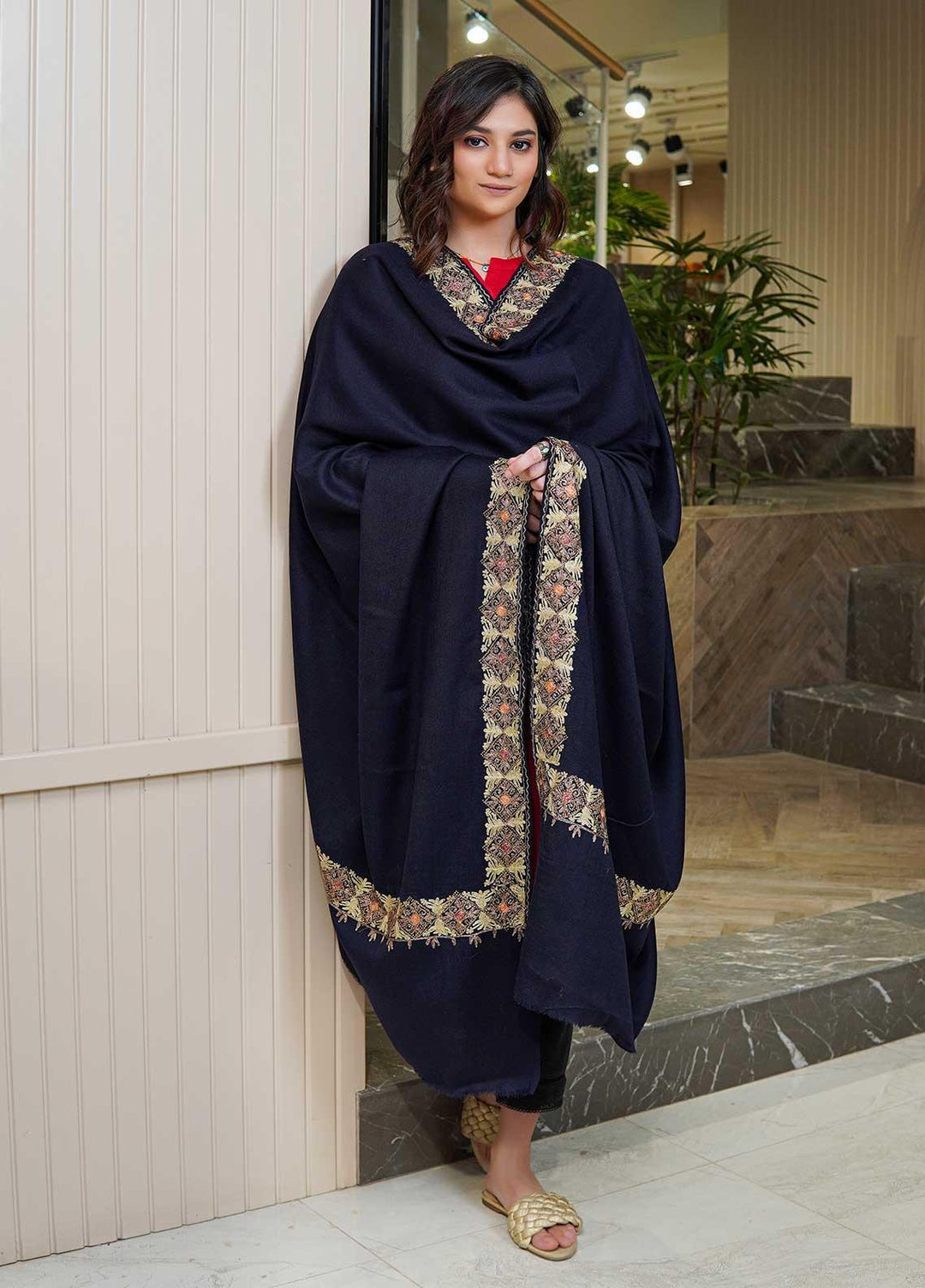 Sanaulla Exclusive Range  Pashmina  Shawls Siroski Pasily Ad KPS-30 Blue - Pashmina Shawls