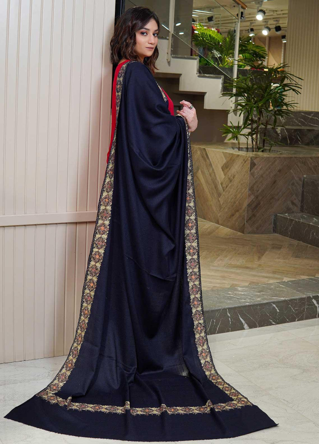 Sanaulla Exclusive Range  Pashmina  Shawls Siroski Pasily Ad KPS-30 Blue - Pashmina Shawls