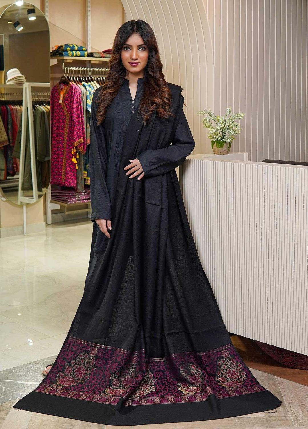 Sanaulla Exclusive Range  Pashmina  Shawls Zarri Palla C KPS-54 Black04 - Pashmina Shawls