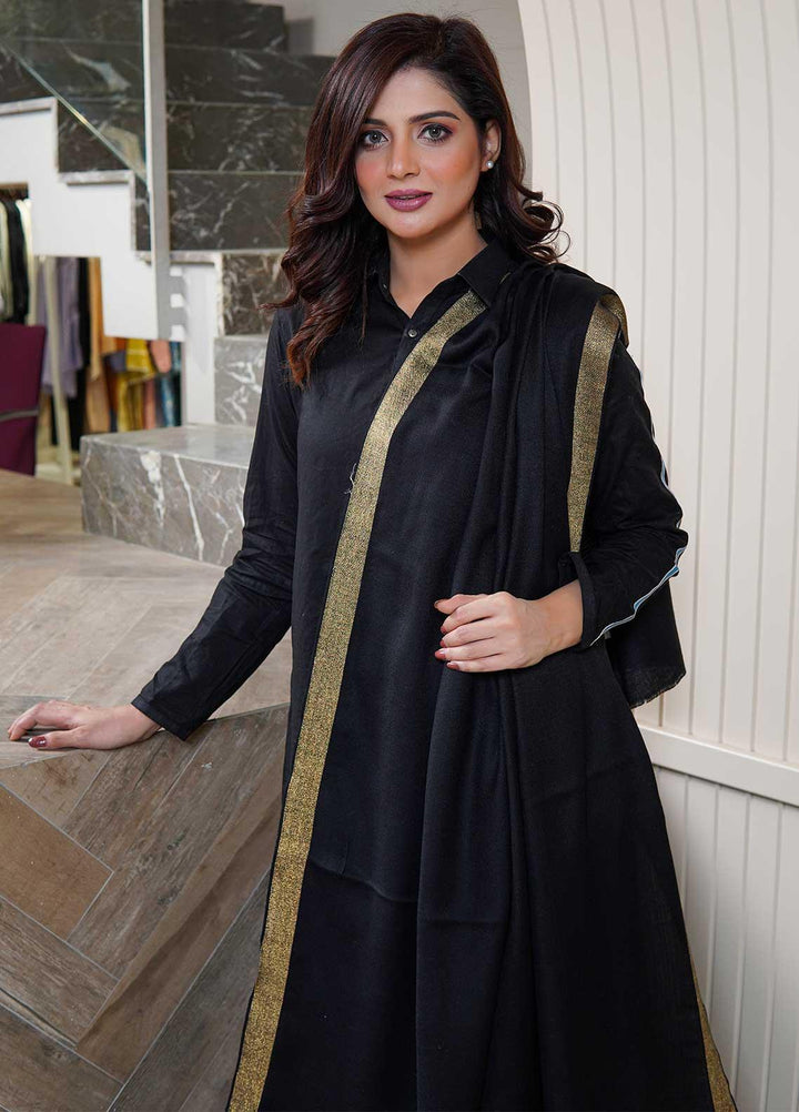 Sanaulla Exclusive Range  Pashmina  Shawls Zarri Stripe Copy KPS-39 Black - Pashmina Shawls