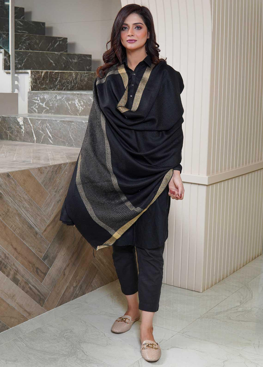 Sanaulla Exclusive Range  Pashmina  Shawls Zarri Stripe Copy KPS-39 Black - Pashmina Shawls