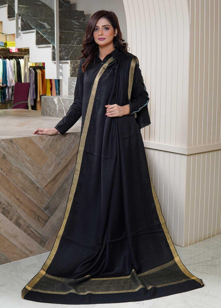 Sanaulla Exclusive Range  Pashmina  Shawls Zarri Stripe Copy KPS-39 Black - Pashmina Shawls