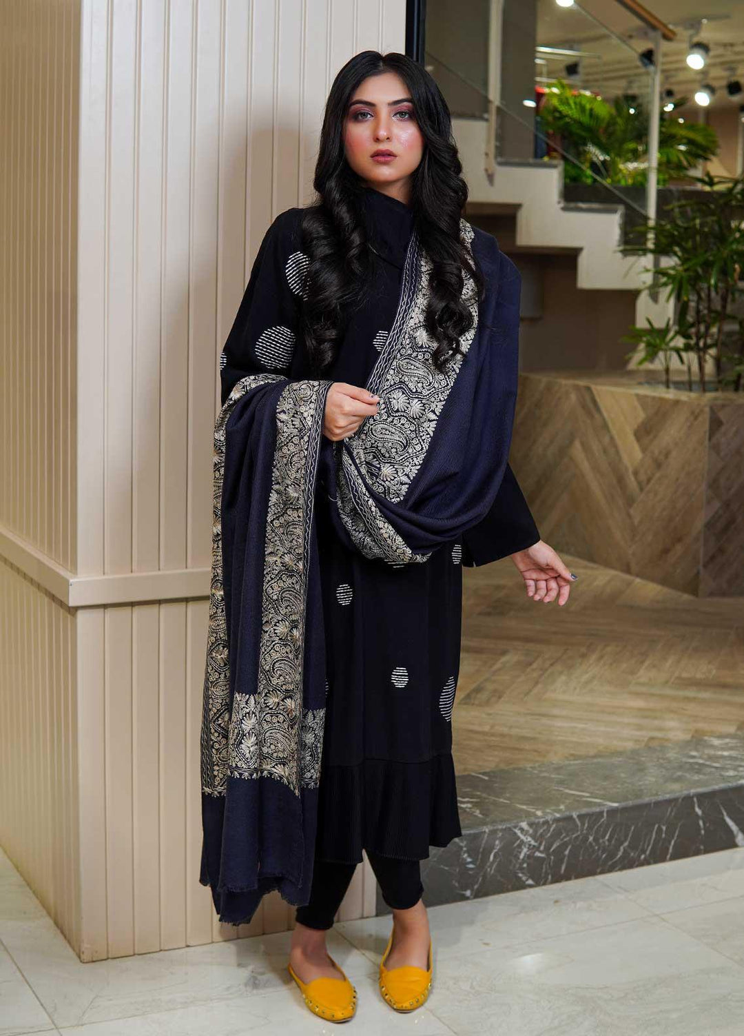 Sanaulla Exclusive Range  Pashmina  Shawls AKP-10 Navy - Pashmina Shawls
