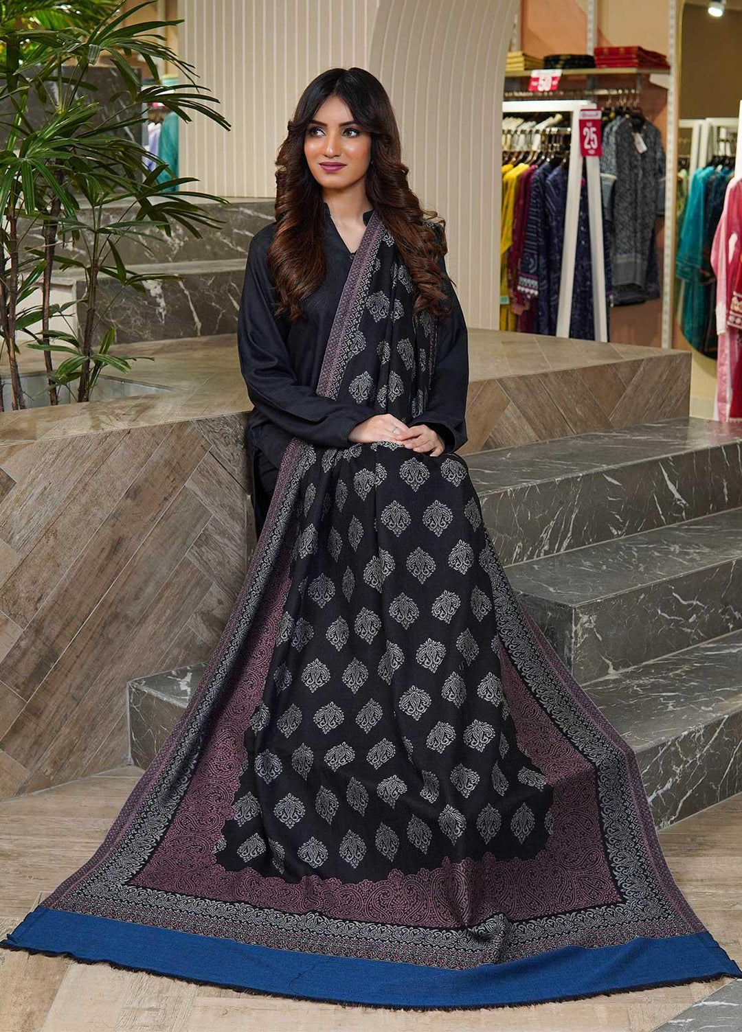 Sanaulla Exclusive Range  Pashmina  Shawls MAMA-12 Blue-1 - Pashmina Shawls