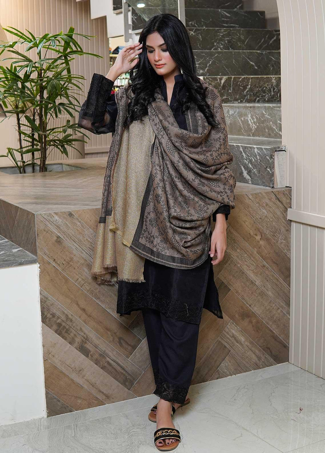 Sanaulla Exclusive Range  Pashmina  Shawls MAMA-46 Brown-2 - Pashmina Shawls