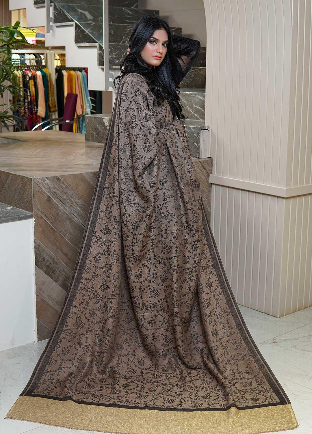 Sanaulla Exclusive Range  Pashmina  Shawls MAMA-46 Brown-2 - Pashmina Shawls