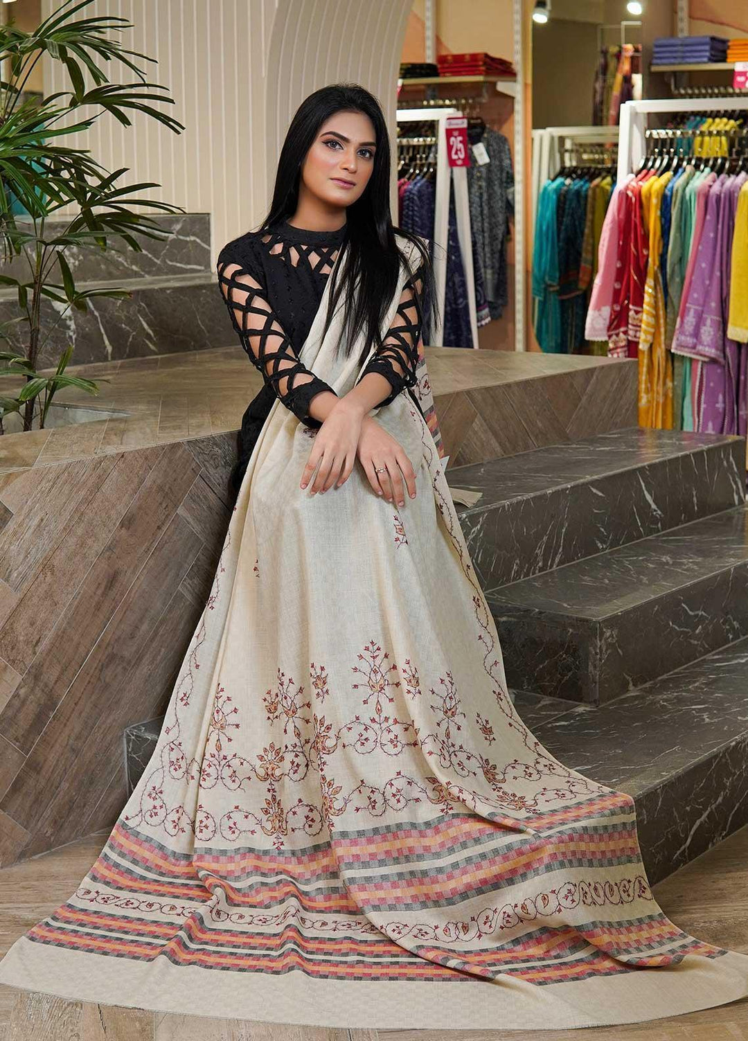 Sanaulla Exclusive Range  Pashmina  Shawls Multi Palla Emb DD KPS-45 Fawn03 - Pashmina Shawls