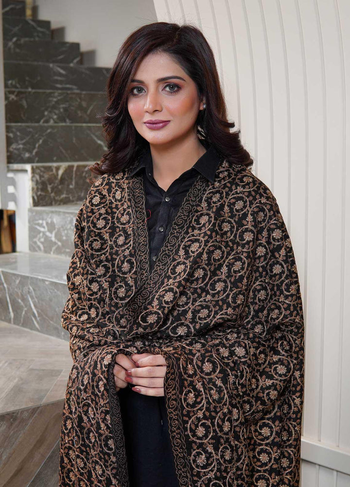 Sanaulla Exclusive Range  Pashmina  Shawls Nalki Zarri Small Jaal AD KPS-49 Black02 - Pashmina Shawls