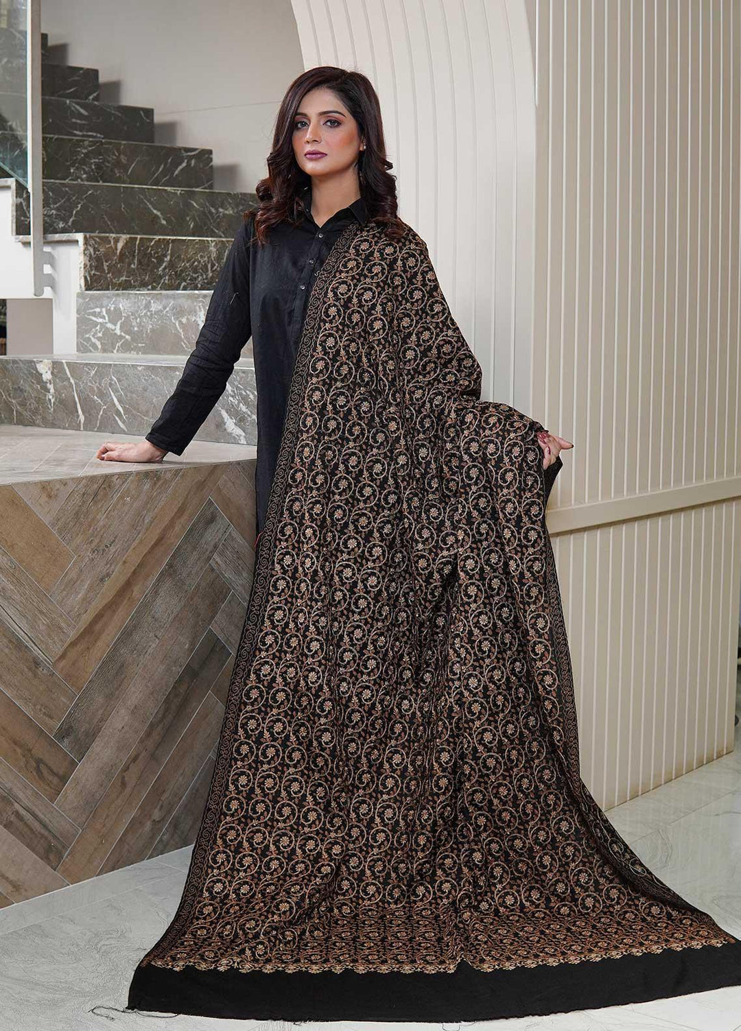 Sanaulla Exclusive Range  Pashmina  Shawls Nalki Zarri Small Jaal AD KPS-49 Black02 - Pashmina Shawls