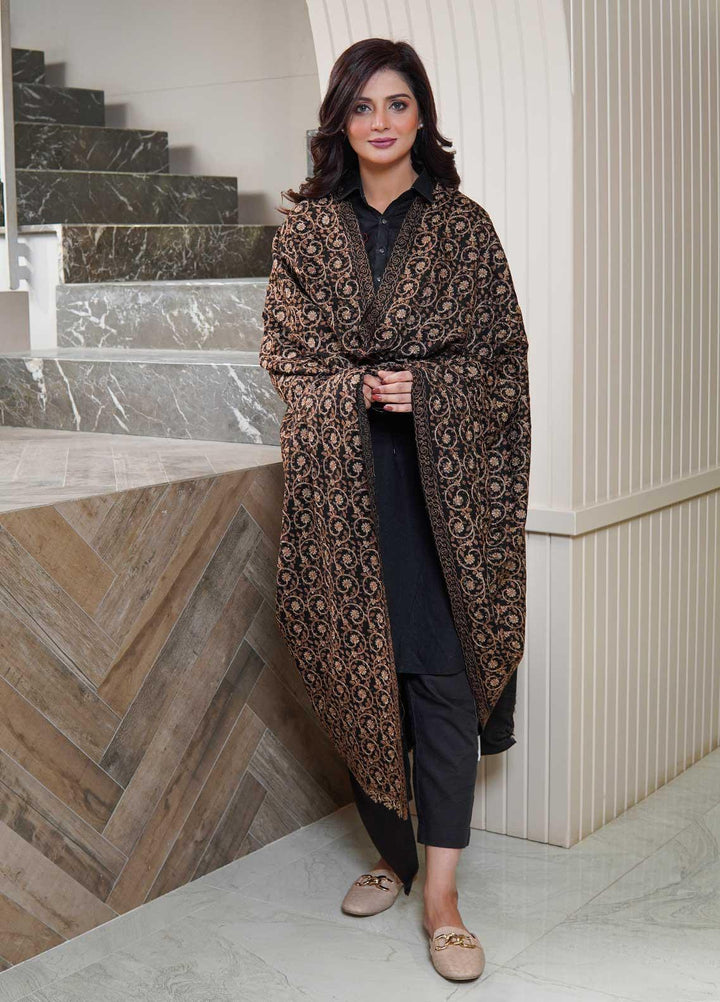 Sanaulla Exclusive Range  Pashmina  Shawls Nalki Zarri Small Jaal AD KPS-49 Black02 - Pashmina Shawls