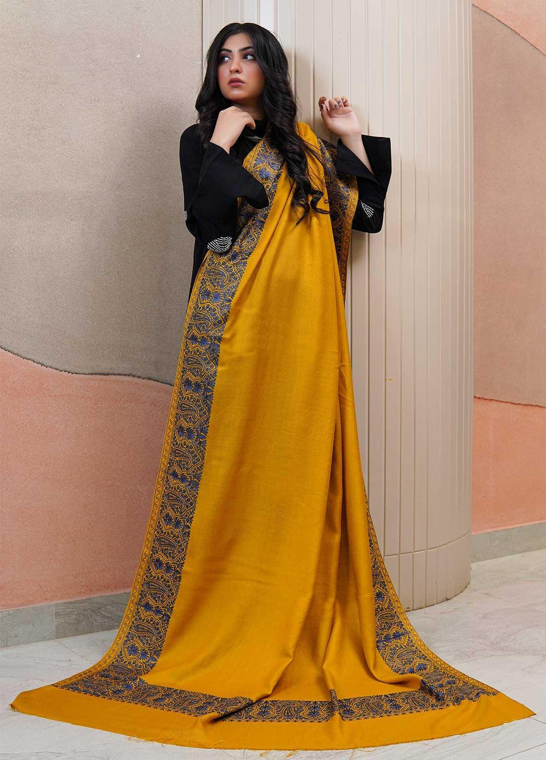 Sanaulla Exclusive Range  Pashmina  Shawls AKP-10 Yellow - Pashmina Shawls
