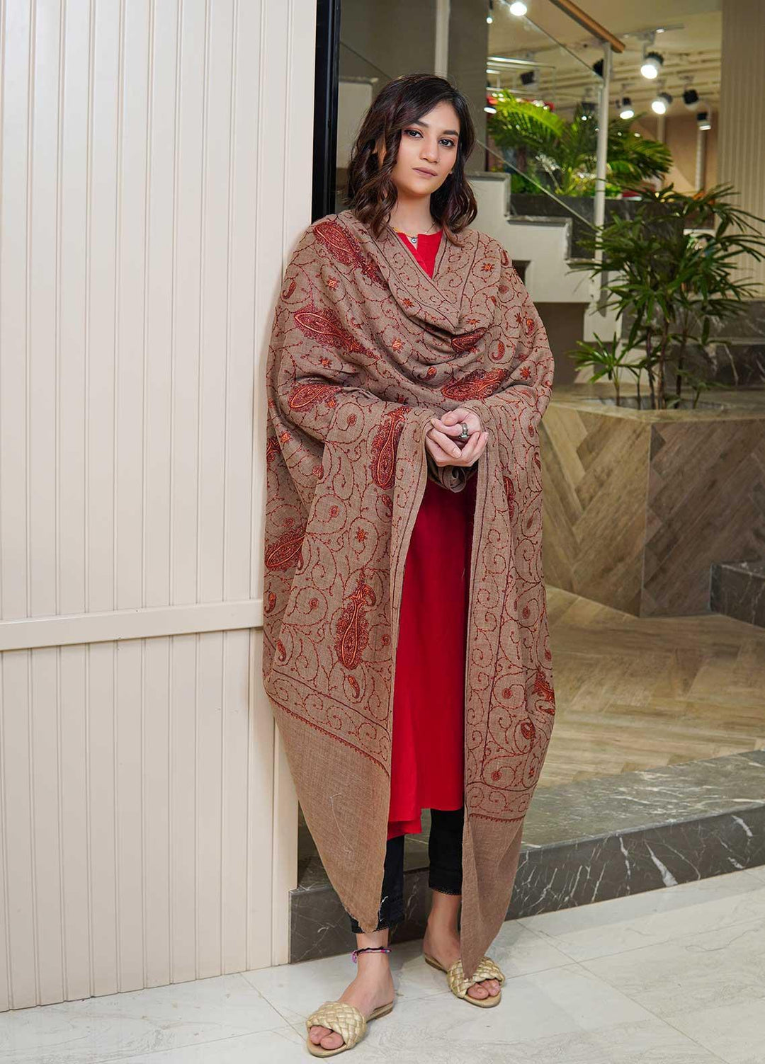 Sanaulla Exclusive Range  Pashmina  Shawls AKP-20 L Brown - Pashmina Shawls