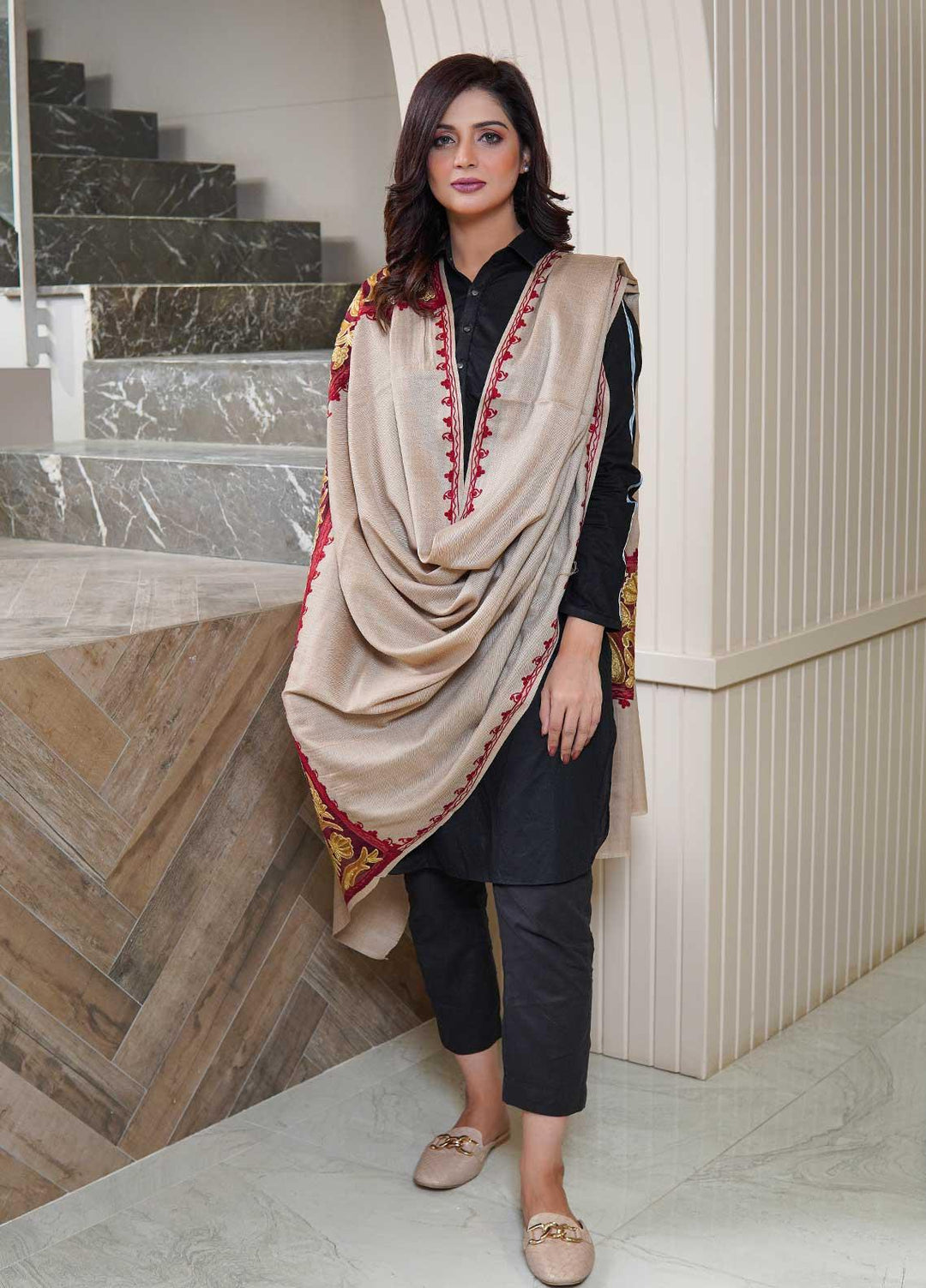 Sanaulla Exclusive Range  Pashmina  Shawls AKP-12 Fawn 07 - Pashmina Shawls