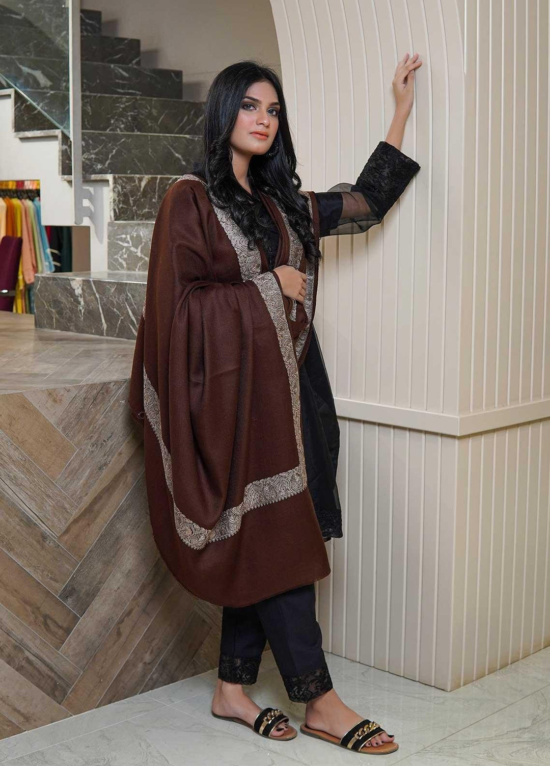 Sanaulla Exclusive Range  Pashmina  Shawls AKP-21 D Brown 03 - Pashmina Shawls