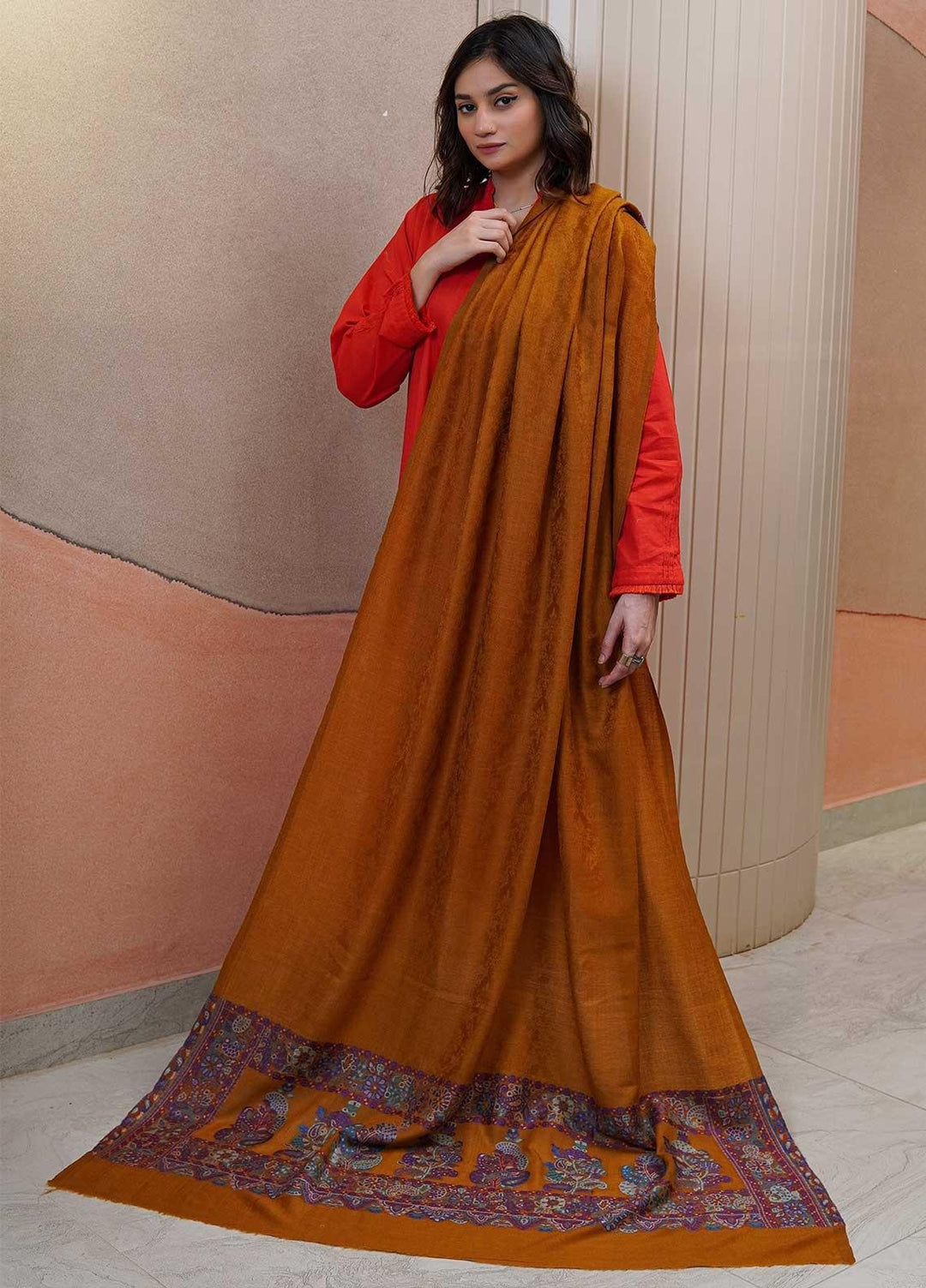 Sanaulla Exclusive Range  Pashmina  Shawls MAMA-09 Mustard-2 - Pashmina Shawls