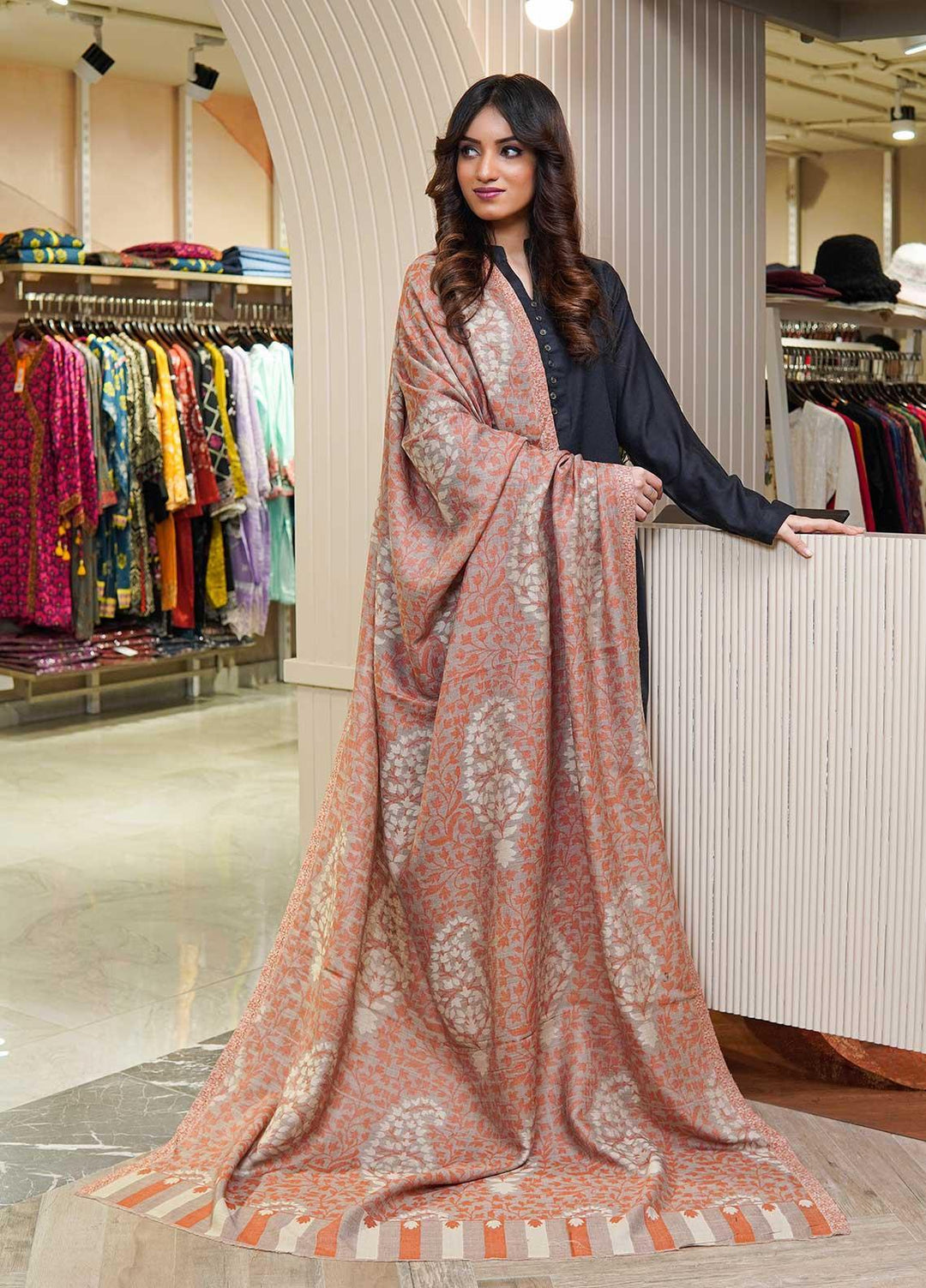 Sanaulla Exclusive Range  Pashmina  Shawls MAMA-12 Beige-2 - Pashmina Shawls