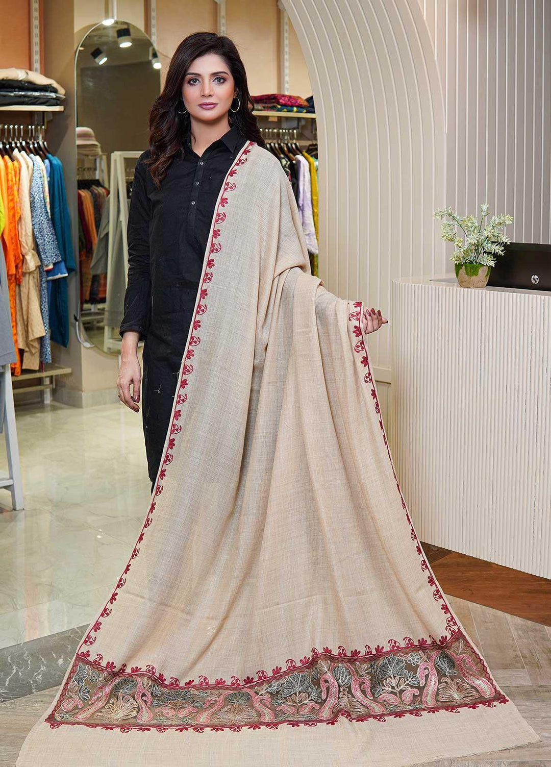 Sanaulla Exclusive Range  Pashmina  Shawls AKP-12 Fawn 01 - Pashmina Shawls