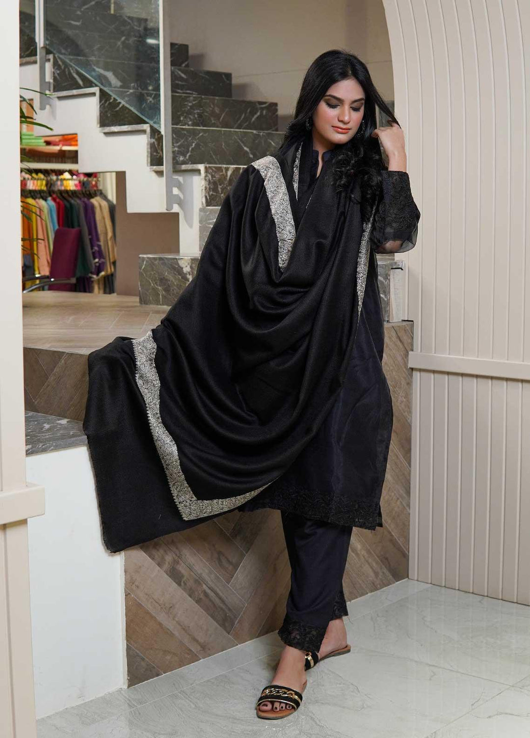 Sanaulla Exclusive Range  Pashmina  Shawls AKP-21 Black 05 - Pashmina Shawls