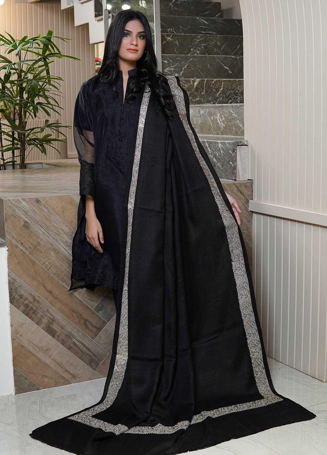 Sanaulla Exclusive Range  Pashmina  Shawls AKP-21 Black 05 - Pashmina Shawls