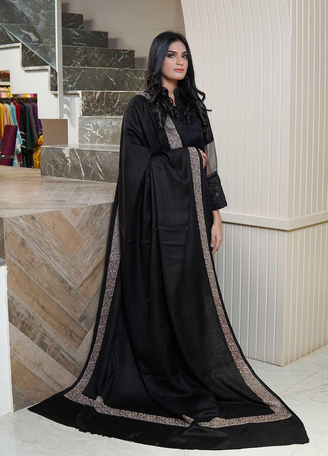 Sanaulla Exclusive Range  Pashmina  Shawls AKP-21 Black 01 - Pashmina Shawls