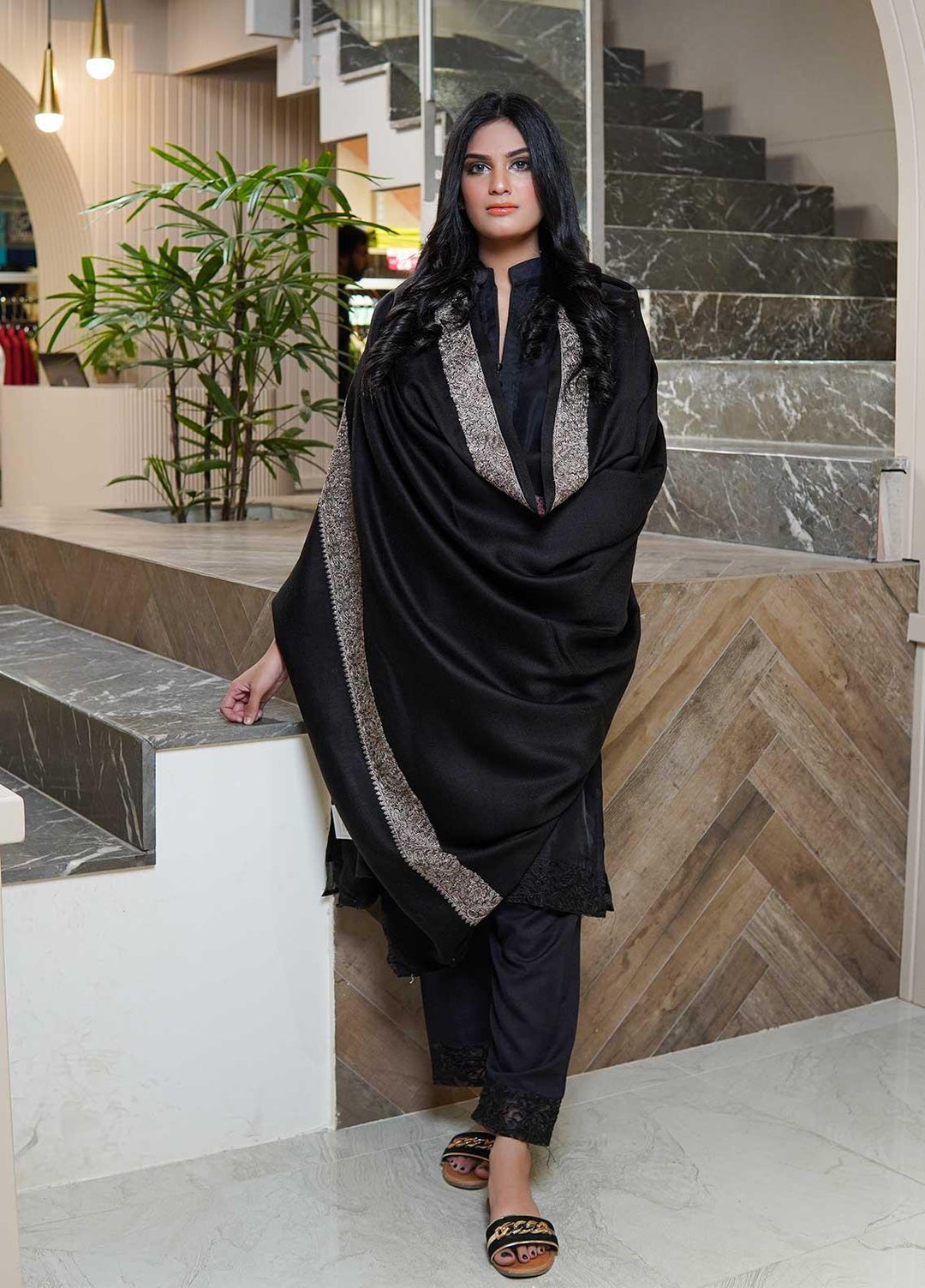 Sanaulla Exclusive Range  Pashmina  Shawls AKP-21 Black 01 - Pashmina Shawls