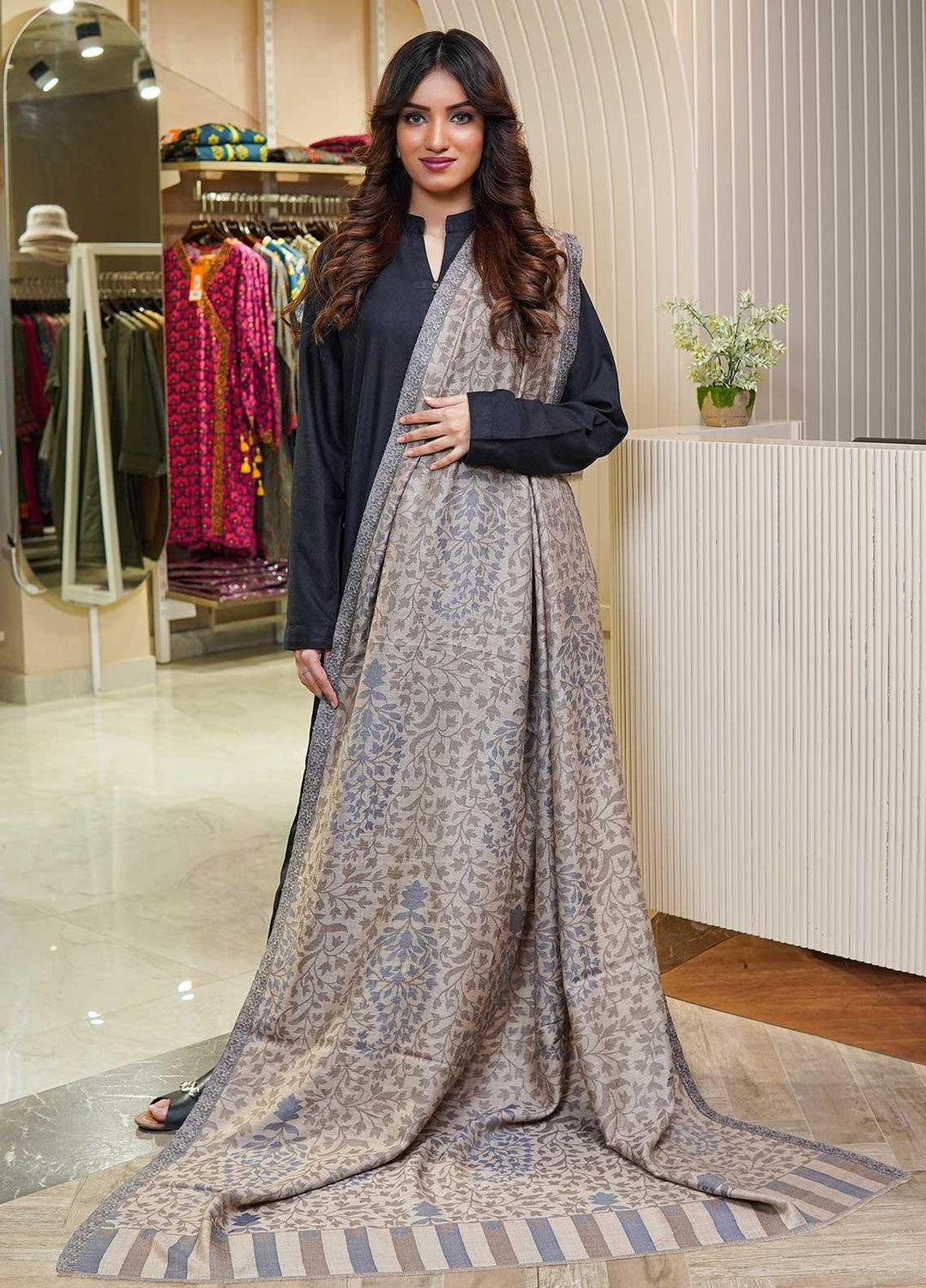 Sanaulla Exclusive Range  Pashmina  Shawls MAMA-12 Grey-2 - Pashmina Shawls