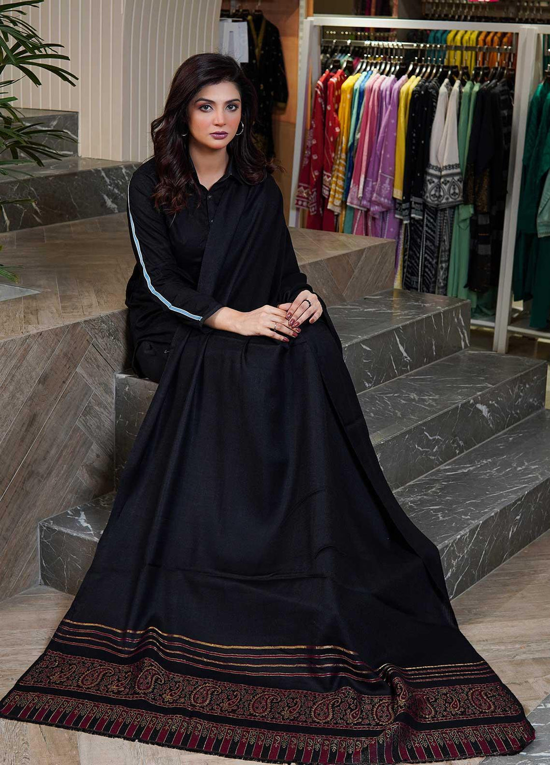 Sanaulla Exclusive Range  Pashmina  Shawls Moon Light Zarri Pasily Palla C KPS-55 Black - Pashmina Shawls