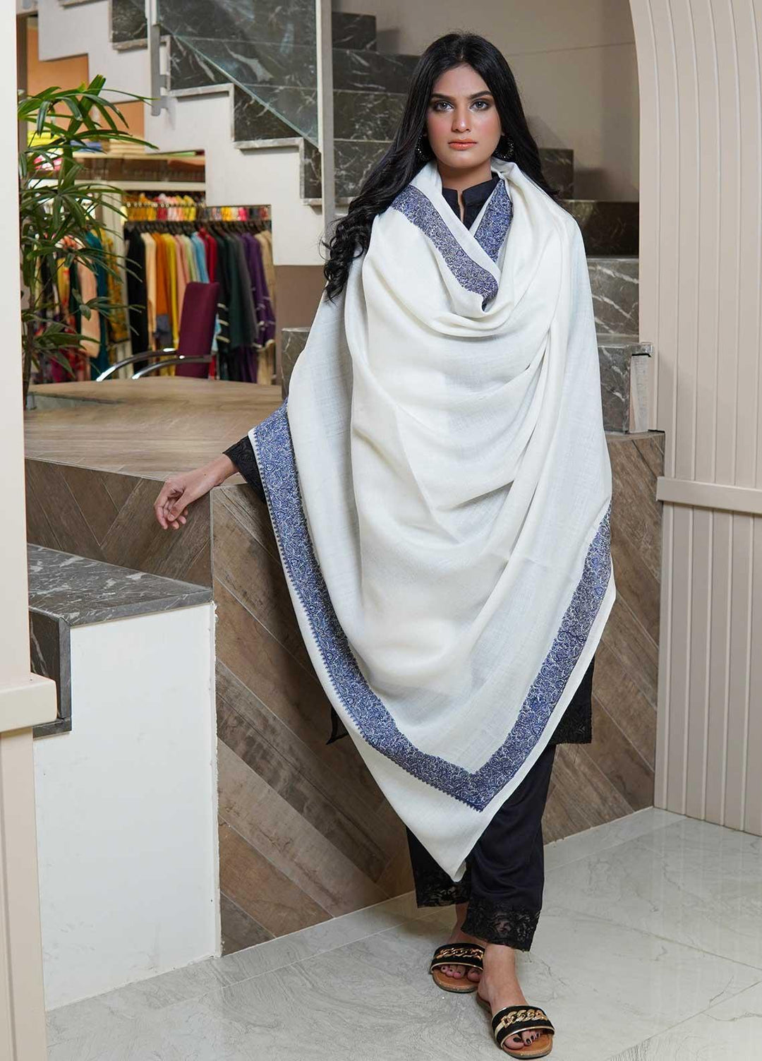 Sanaulla Exclusive Range  Pashmina  Shawls AKP-21 White 03 - Pashmina Shawls