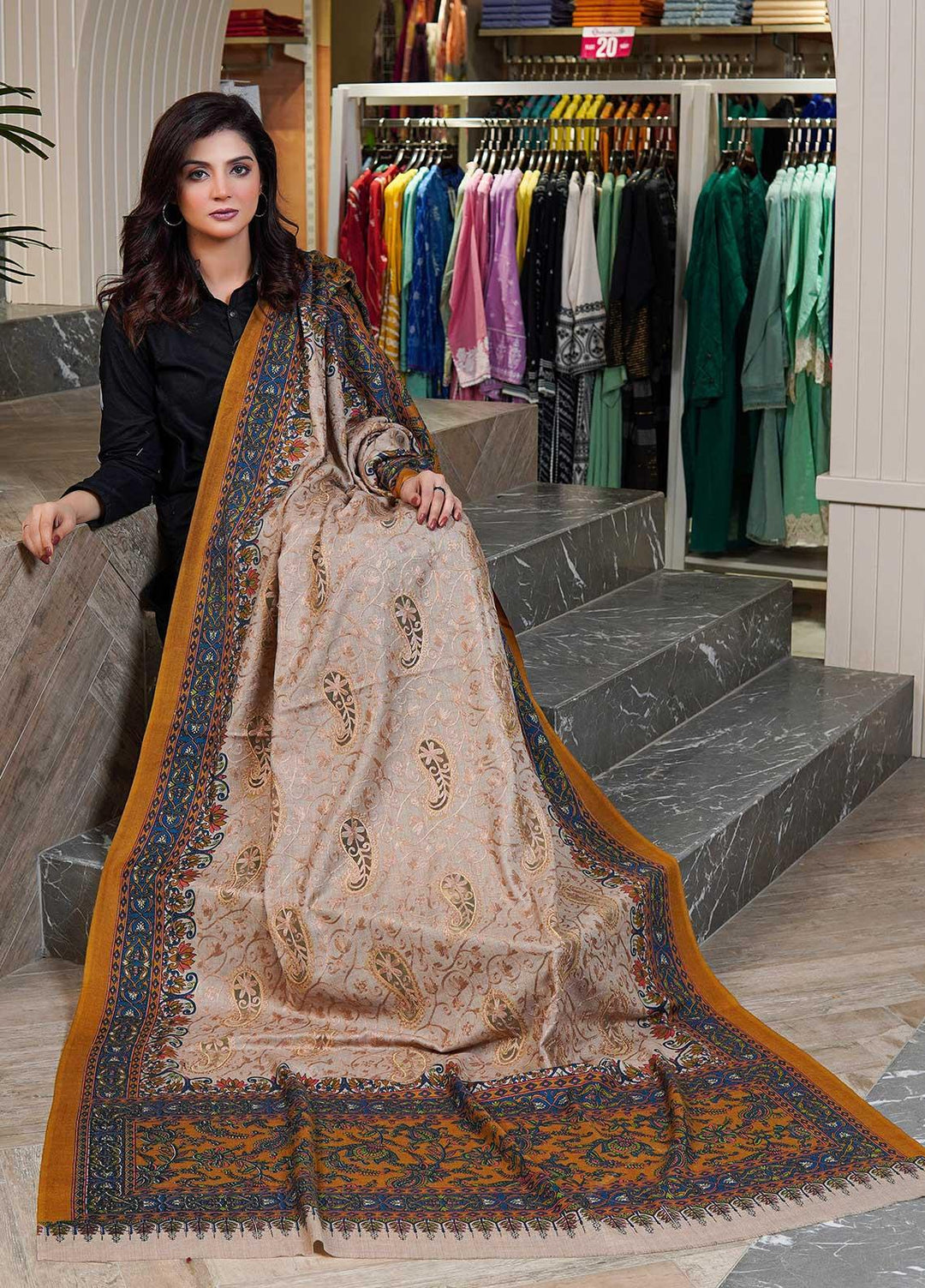 Sanaulla Exclusive Range  Pashmina  Shawls AKP-09 Brown 01 - Pashmina Shawls