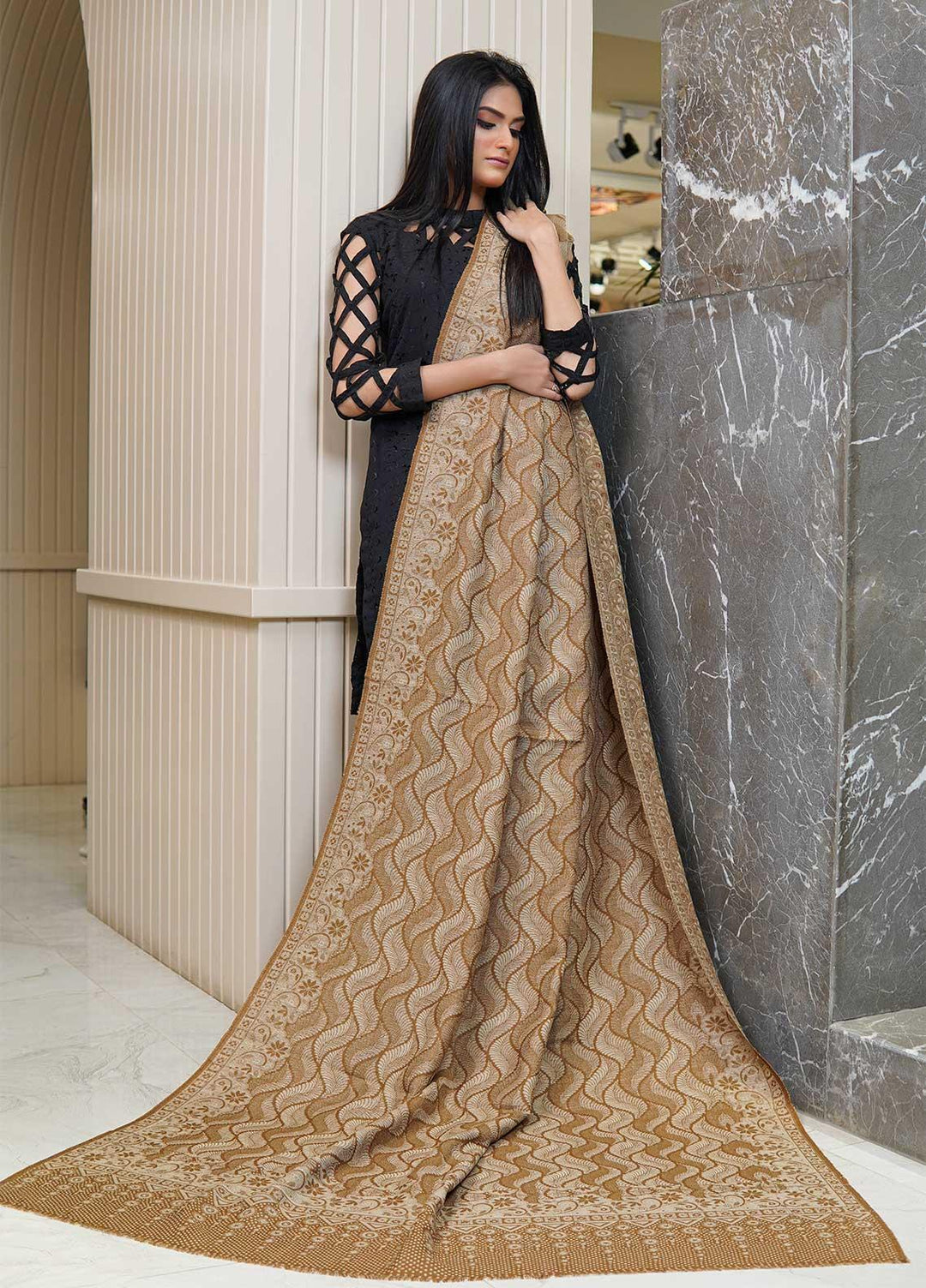 Sanaulla Exclusive Range  Pashmina  Shawls AKP-22 L Brown 02 - Pashmina Shawls