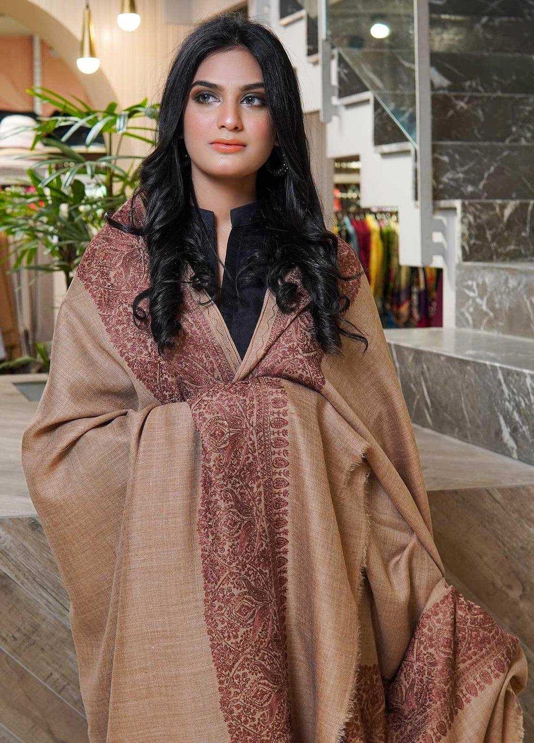 Sanaulla Exclusive Range  Pashmina  Shawls AKP-10 Brown 08 - Pashmina Shawls