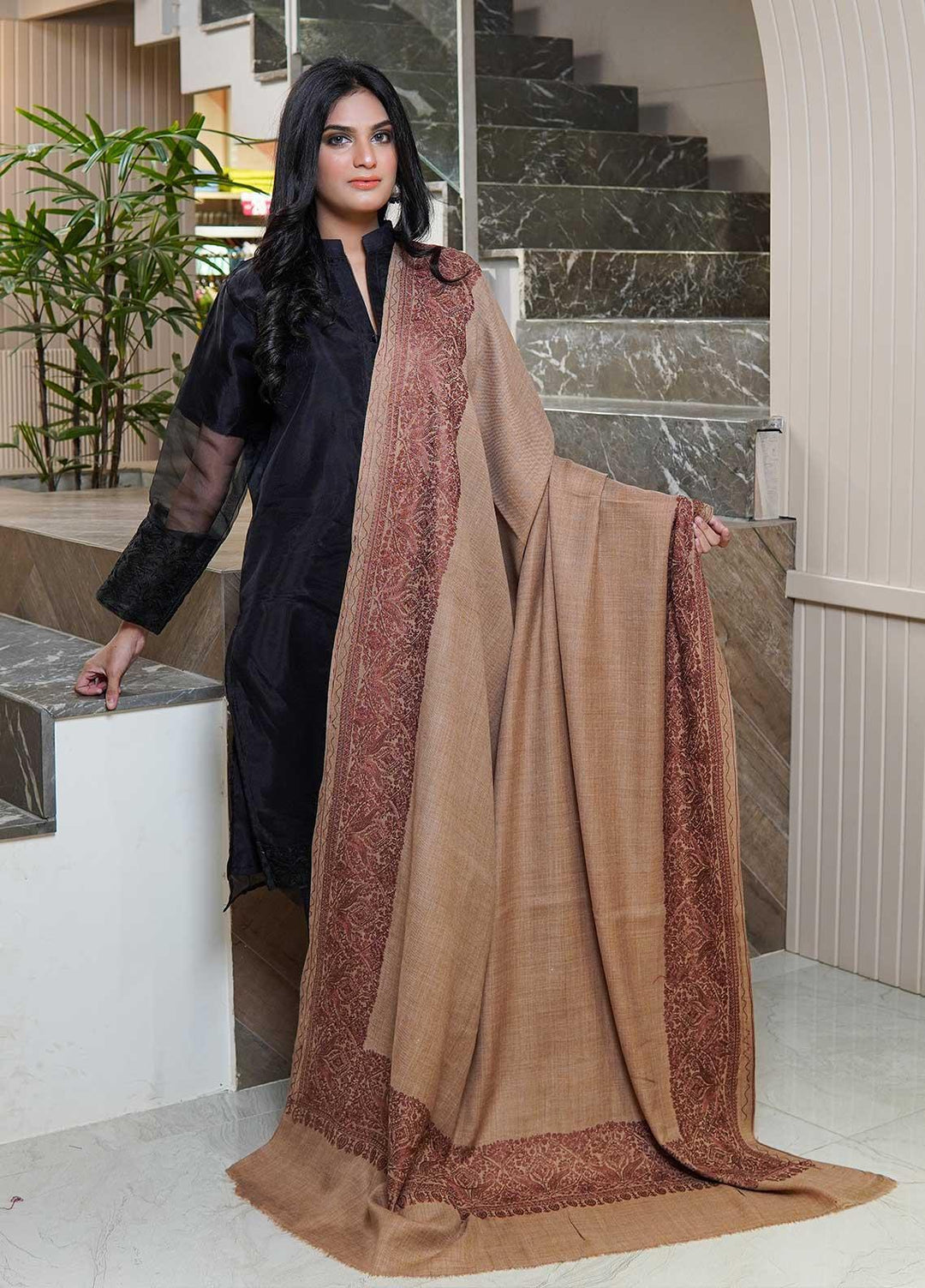 Sanaulla Exclusive Range  Pashmina  Shawls AKP-10 Brown 08 - Pashmina Shawls