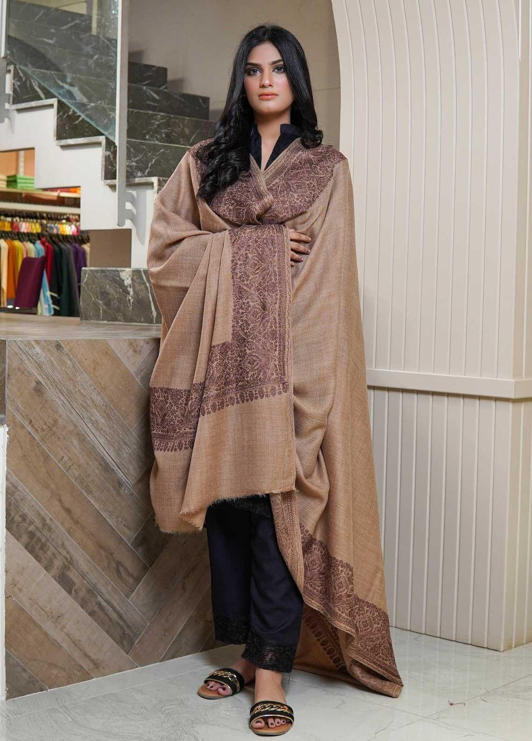 Sanaulla Exclusive Range  Pashmina  Shawls AKP-10 Brown 02 - Pashmina Shawls