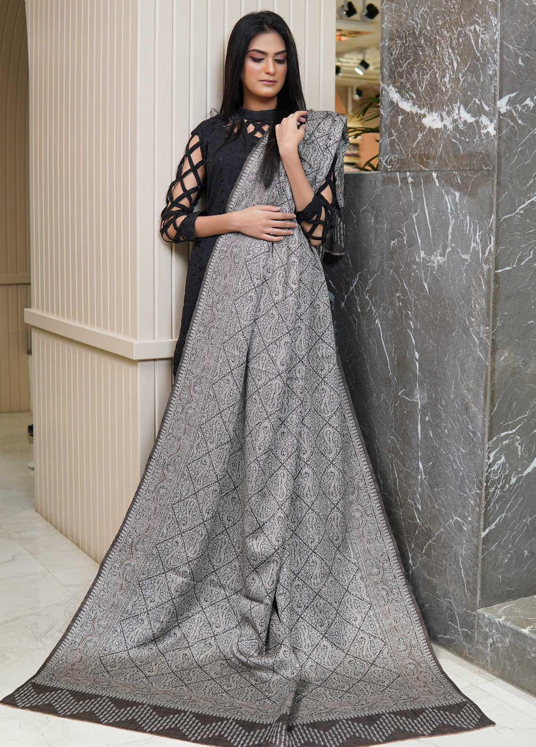 Sanaulla Exclusive Range  Pashmina  Shawls AKP-22 Grey 02 - Pashmina Shawls