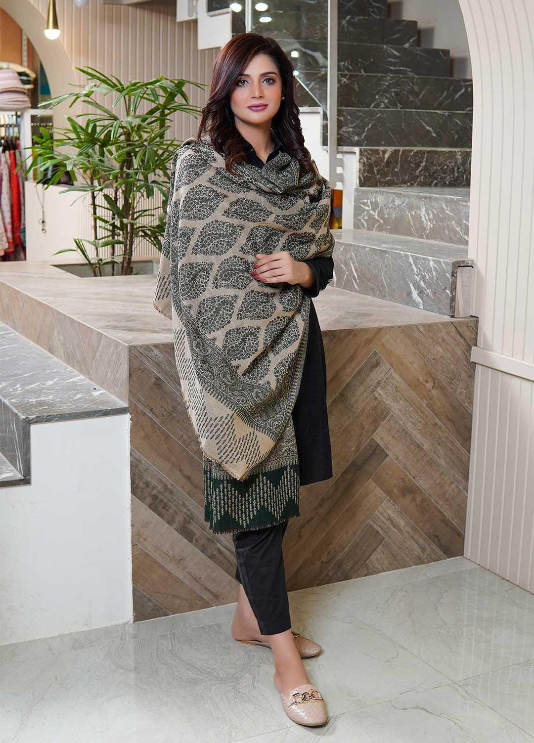 Sanaulla Exclusive Range  Pashmina  Shawls AKP-22 Green 01 - Pashmina Shawls