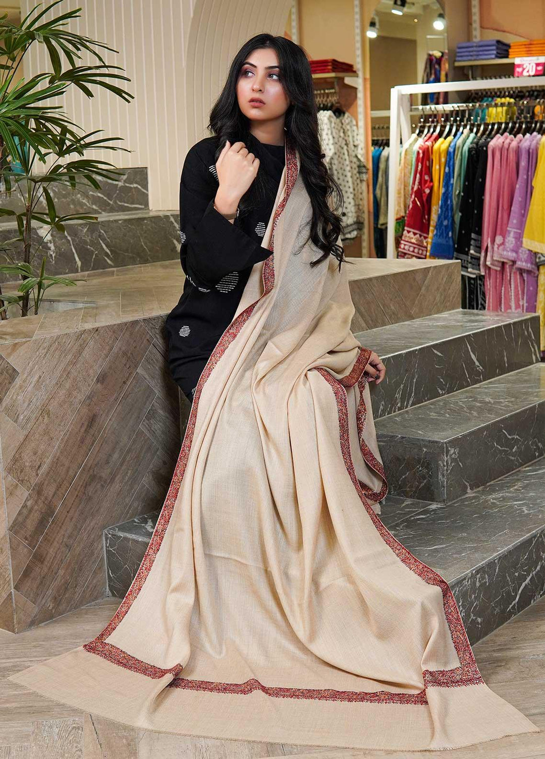 Sanaulla Exclusive Range  Pashmina  Shawls MAMA-18 Fawn-4 - Pashmina Shawls