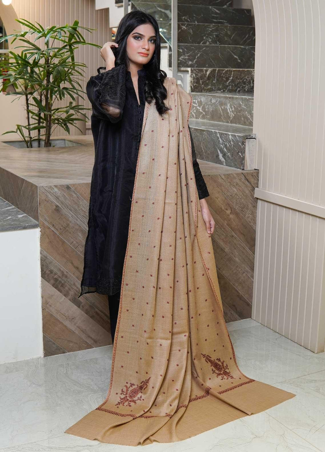 Sanaulla Exclusive Range  Pashmina  Shawls MAMA-29 Fawn-5 - Pashmina Shawls