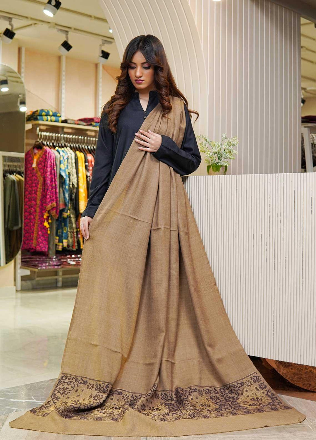 Sanaulla Exclusive Range  Pashmina  Shawls Zarri Palla C KPS-54 Brown02 - Pashmina Shawls