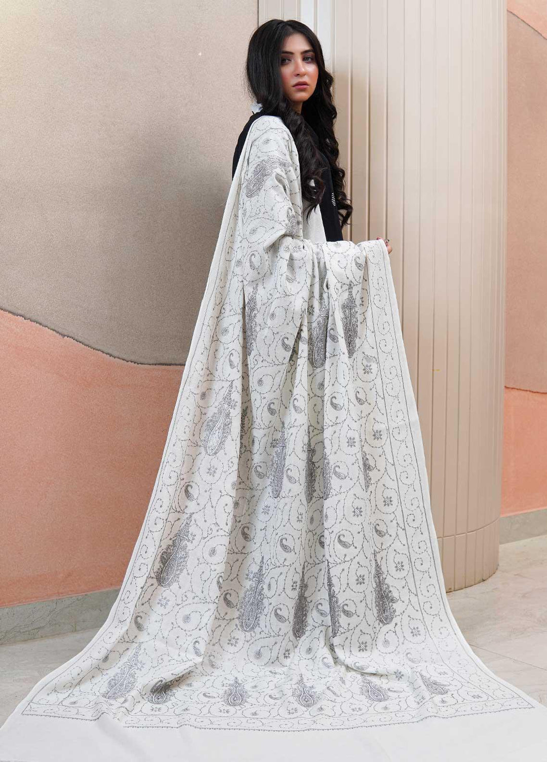 Sanaulla Exclusive Range  Pashmina  Shawls AKP-20 White 01 - Pashmina Shawls