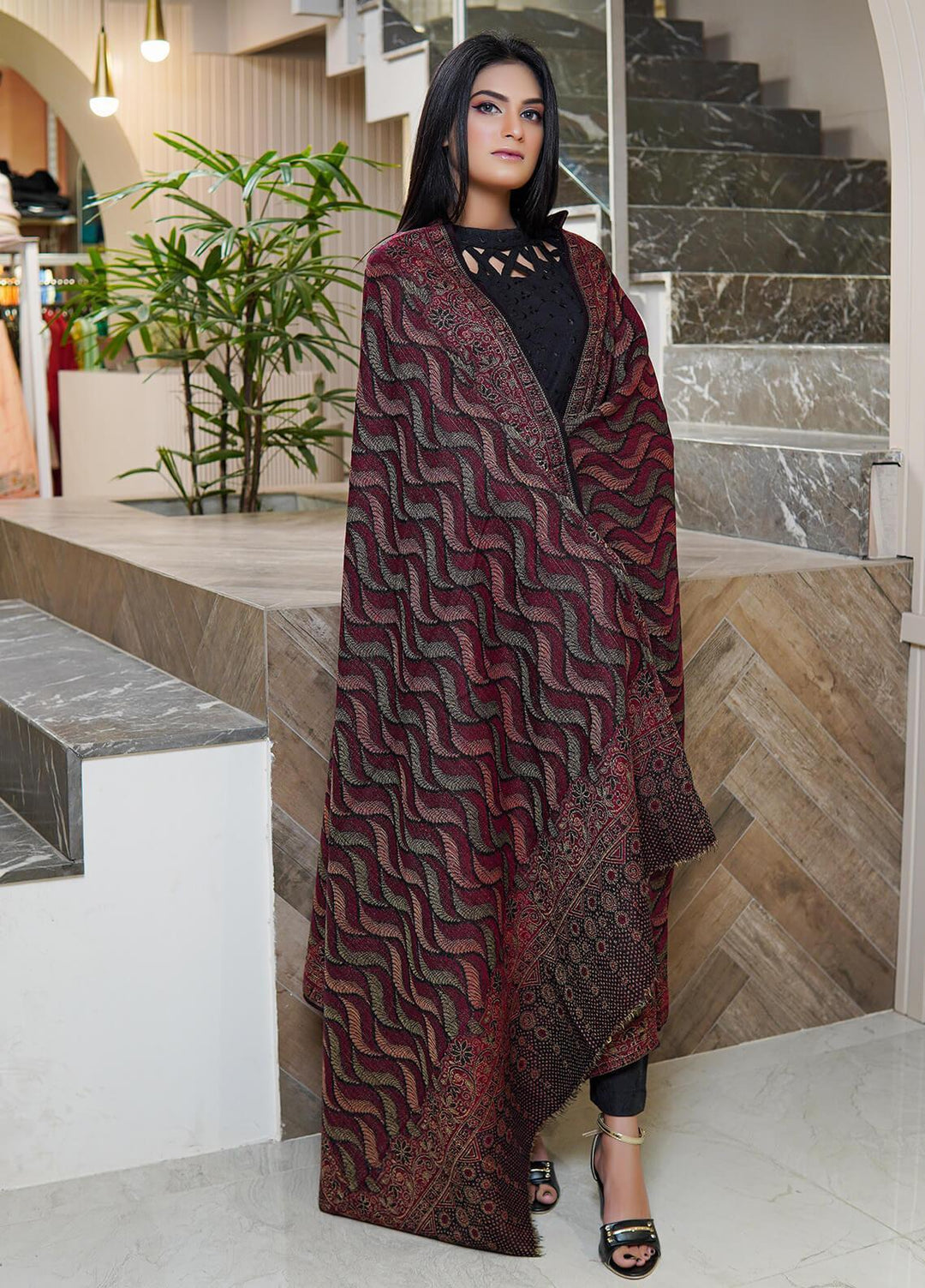 Sanaulla Exclusive Range  Pashmina  Shawls AKP-22 Maroon 02 - Pashmina Shawls