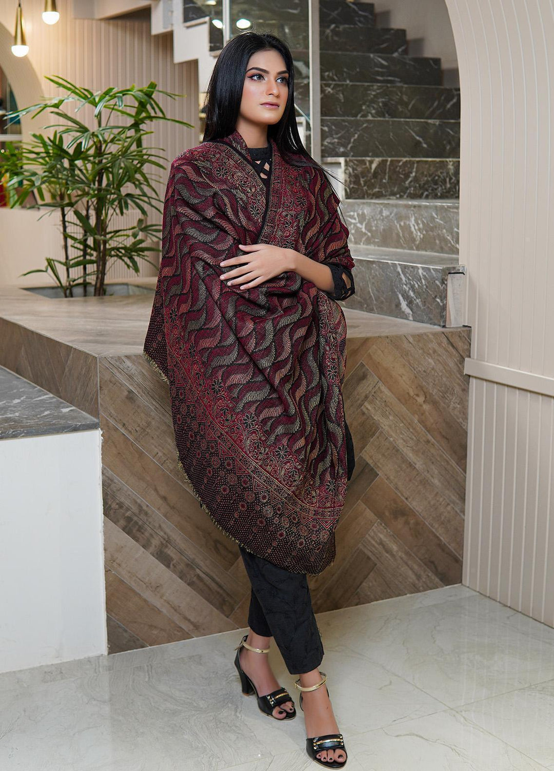 Sanaulla Exclusive Range  Pashmina  Shawls AKP-22 Maroon 02 - Pashmina Shawls