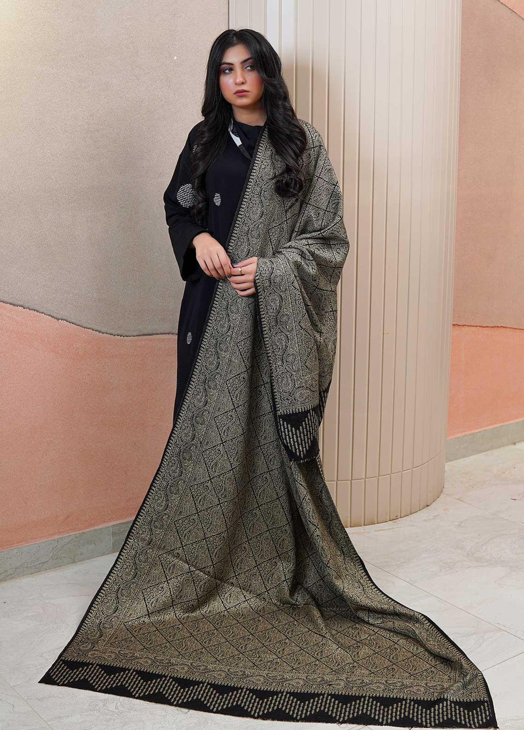 Sanaulla Exclusive Range  Pashmina  Shawls AKP-22 Black 03 - Pashmina Shawls