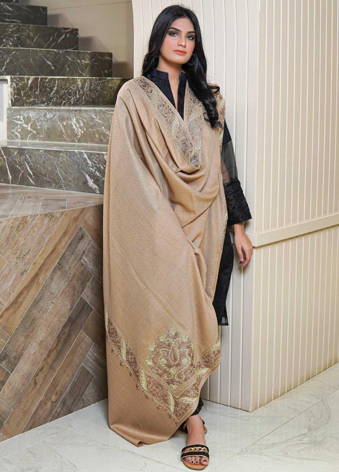 Sanaulla Exclusive Range  Pashmina  Shawls MAMA-27 Fawn-3 - Pashmina Shawls