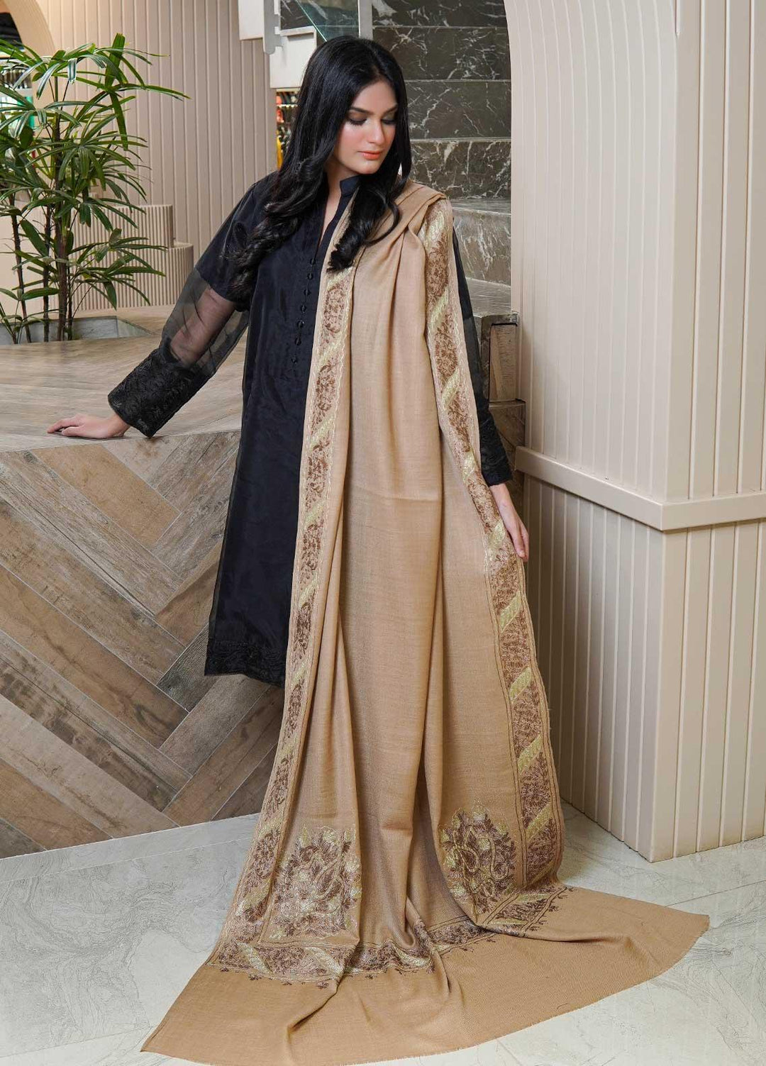 Sanaulla Exclusive Range  Pashmina  Shawls MAMA-27 Fawn-3 - Pashmina Shawls