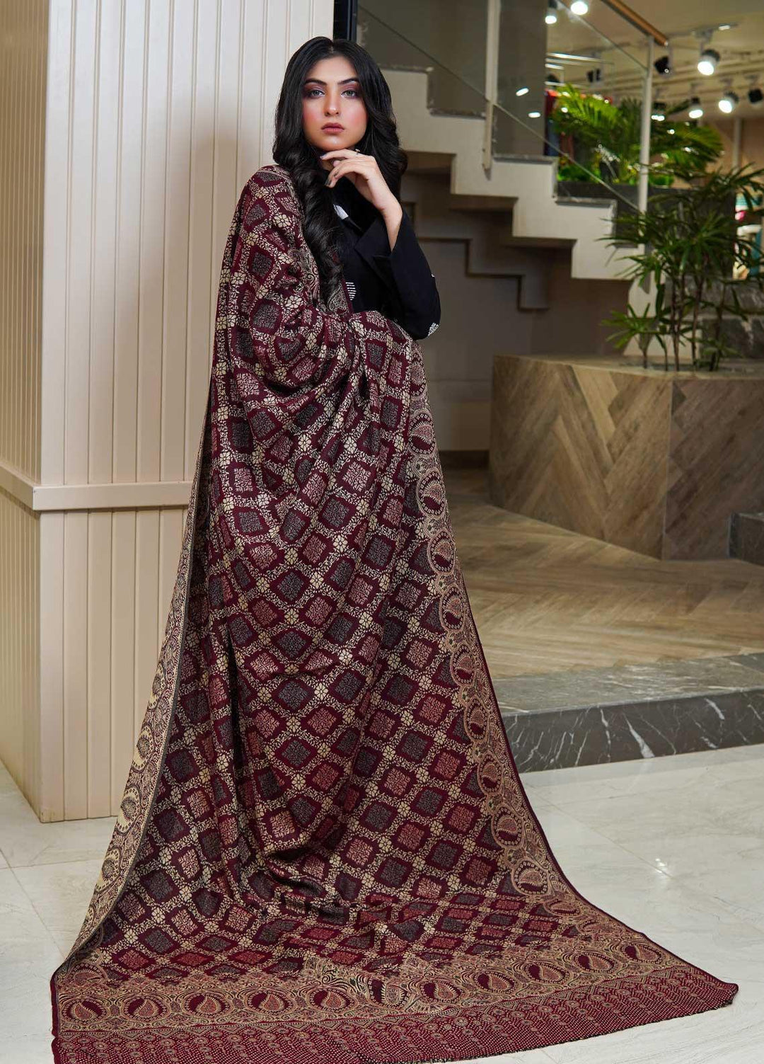 Sanaulla Exclusive Range  Pashmina  Shawls AKP-22 Maroon 06 - Pashmina Shawls