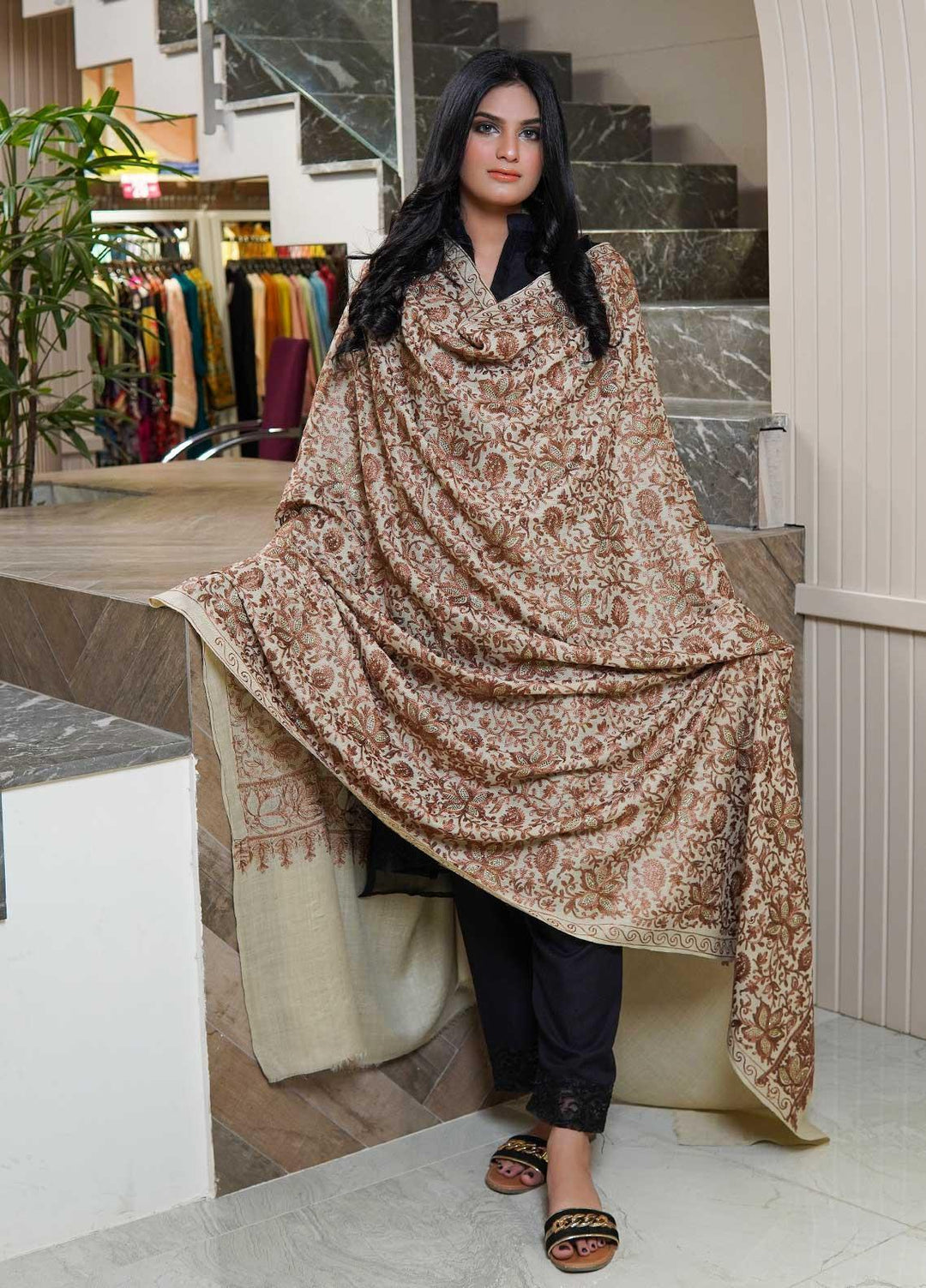 Sanaulla Exclusive Range  Pashmina  Shawls AKP-06 Fawn - Pashmina Shawls