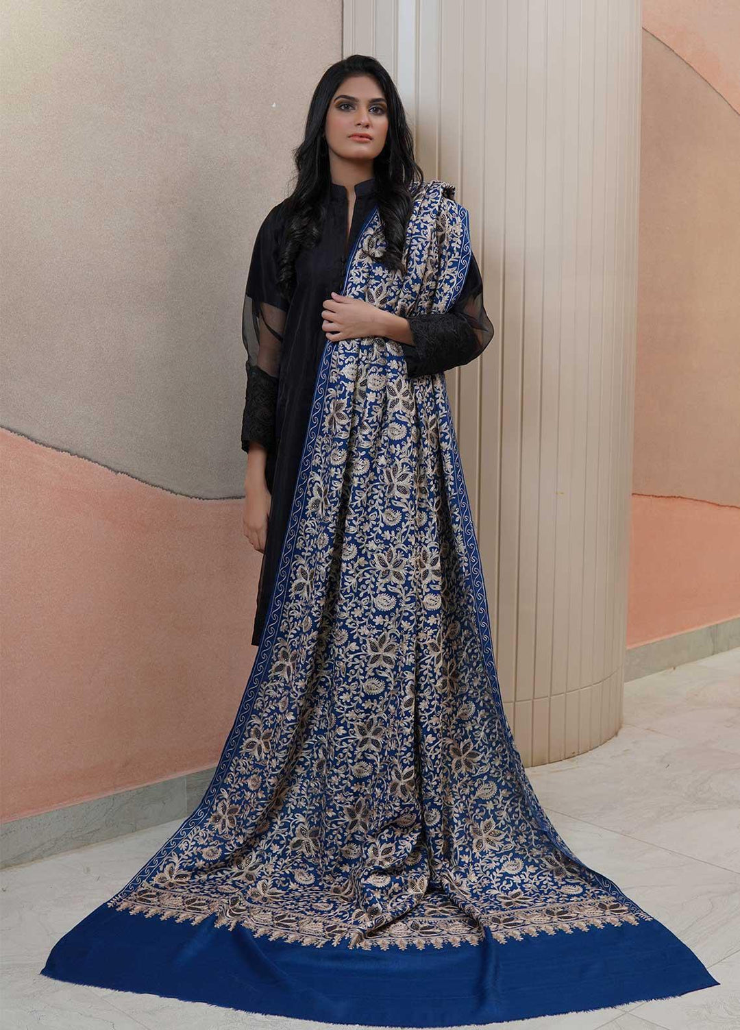 Sanaulla Exclusive Range  Pashmina  Shawls AKP-06 Royal Blue 01 - Pashmina Shawls