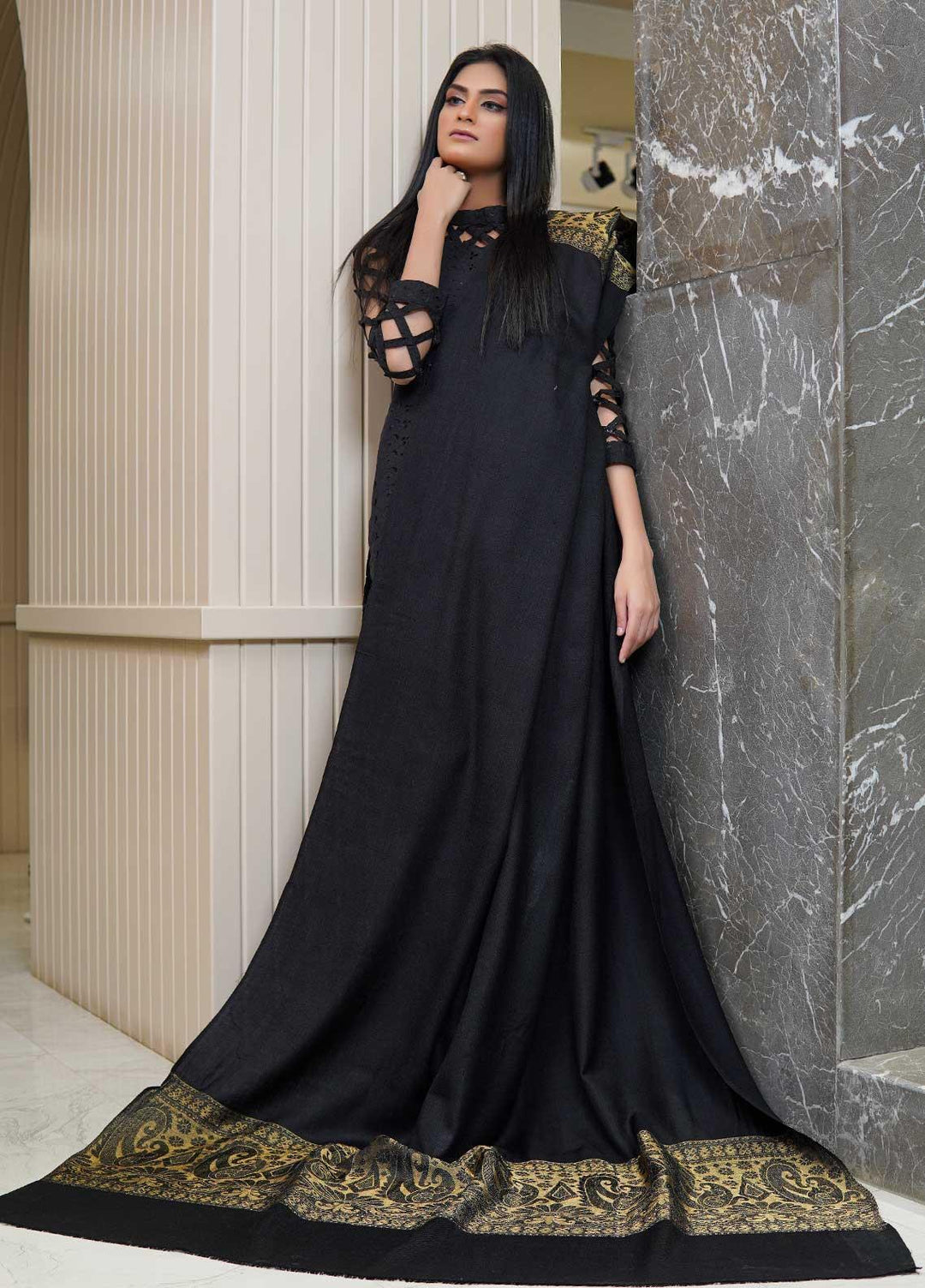 Sanaulla Exclusive Range  Pashmina  Shawls Zarri Palla C KPS-54 Black05 - Pashmina Shawls