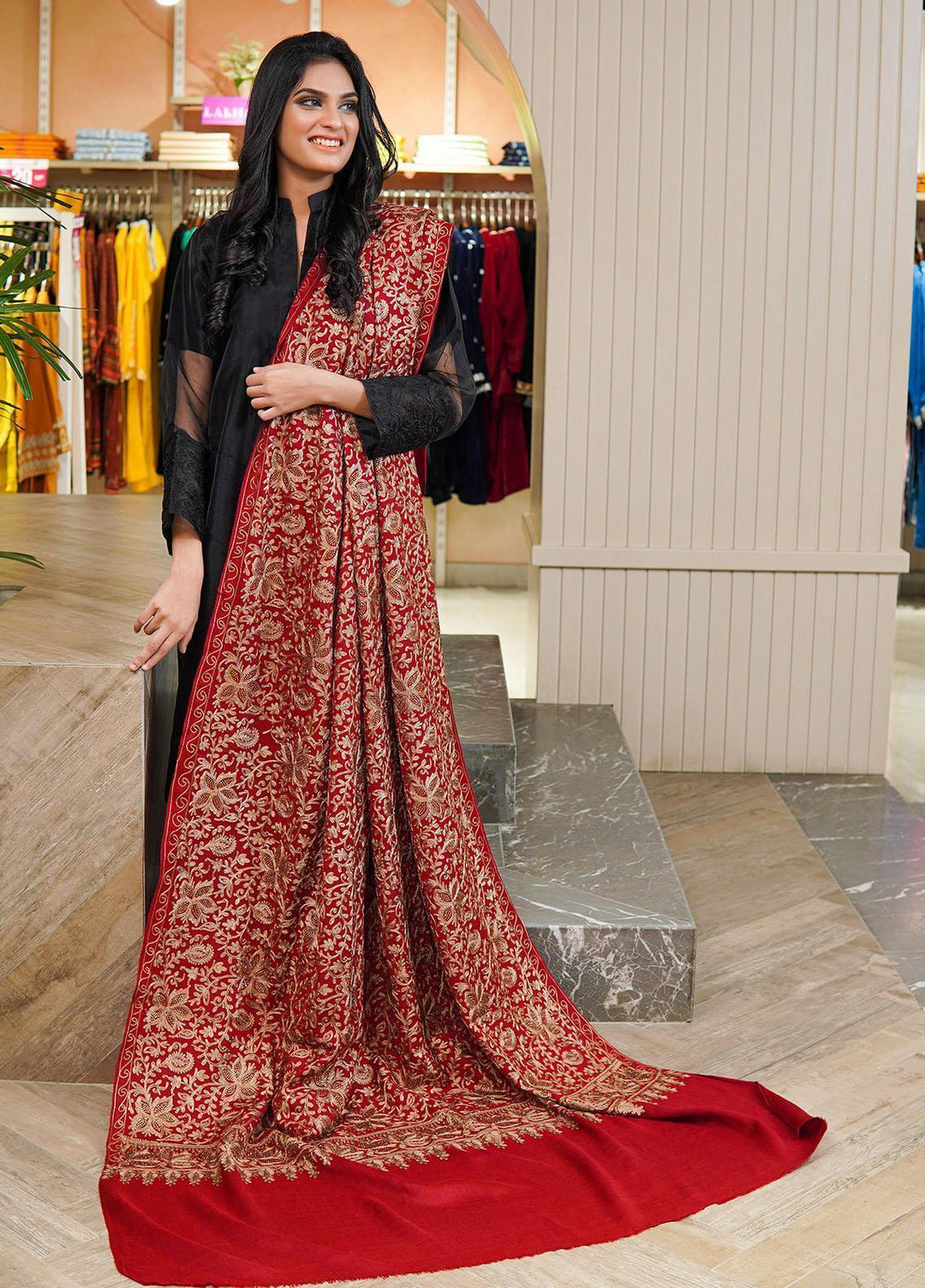 Sanaulla Exclusive Range  Pashmina  Shawls AKP-06 Red - Pashmina Shawls